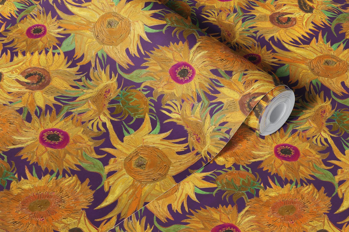 Van Gogh Sunflowers Pattern in yellow, magenta, green and purple wallpaper roll