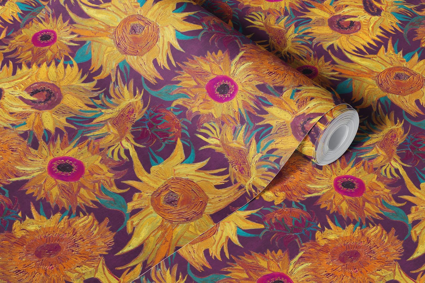 Van Gogh Sunflowers Pattern in yellow, magenta, aqua and purple wallpaper roll