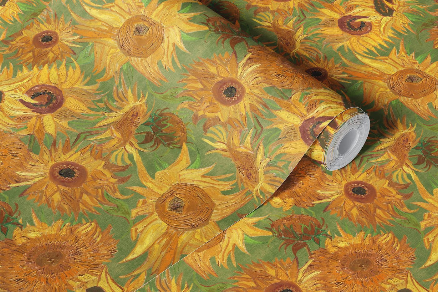 Van Gogh Sunflowers Pattern in yellow, ochre and green wallpaper roll