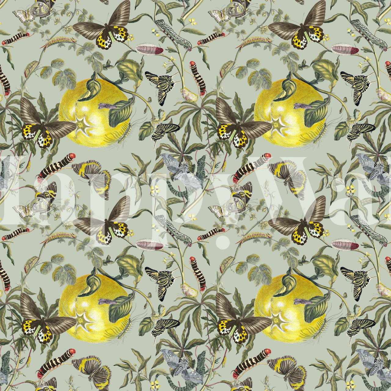 Botanic Fiorenzo 06 wall mural with a pattern of flora and fauna on a muted background.