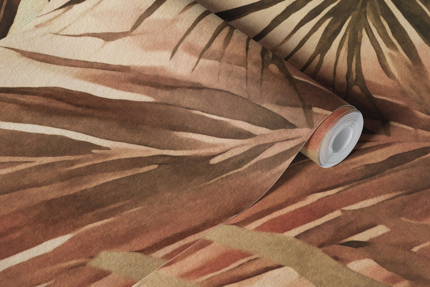 Tropical Island Palm Leave Watercolor Art Moody Brown wallpaper roll