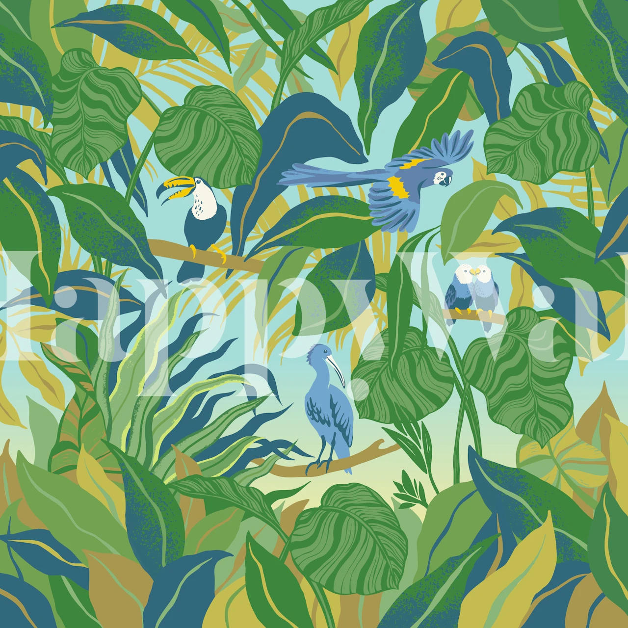 Colorful tropical birds among lush green leaves wallpaper