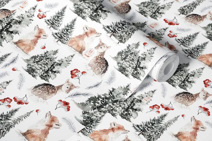 Wild Woodland Animal Babies In Winter Wonderlandwallpaper roll