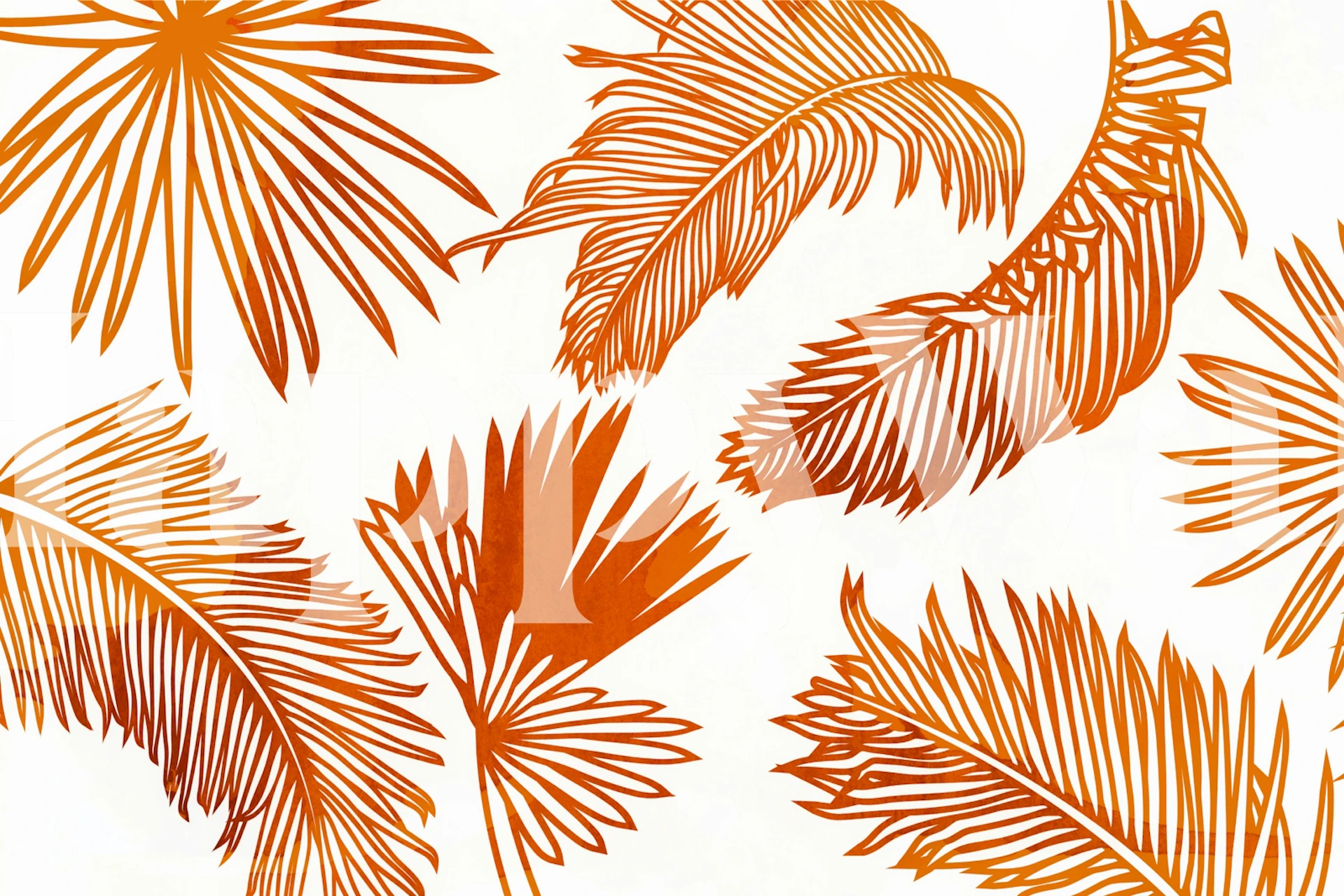 Wall mural with golden tropical palm leaves on a white background, evoking a warm sunrise atmosphere