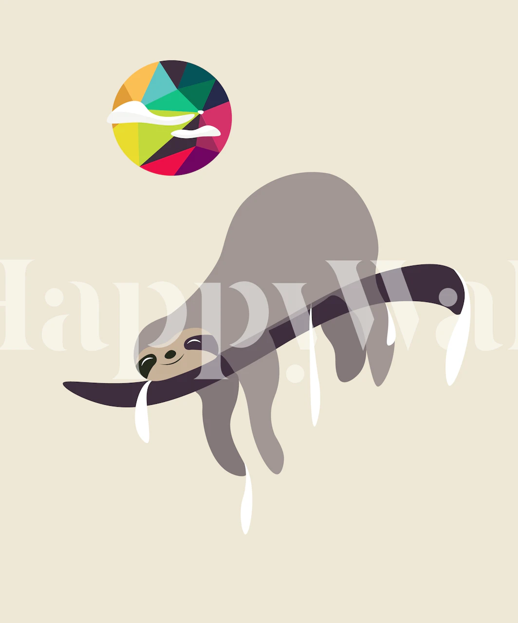 Mural de parede de preguiça com um sol abstrato geométrico colorido