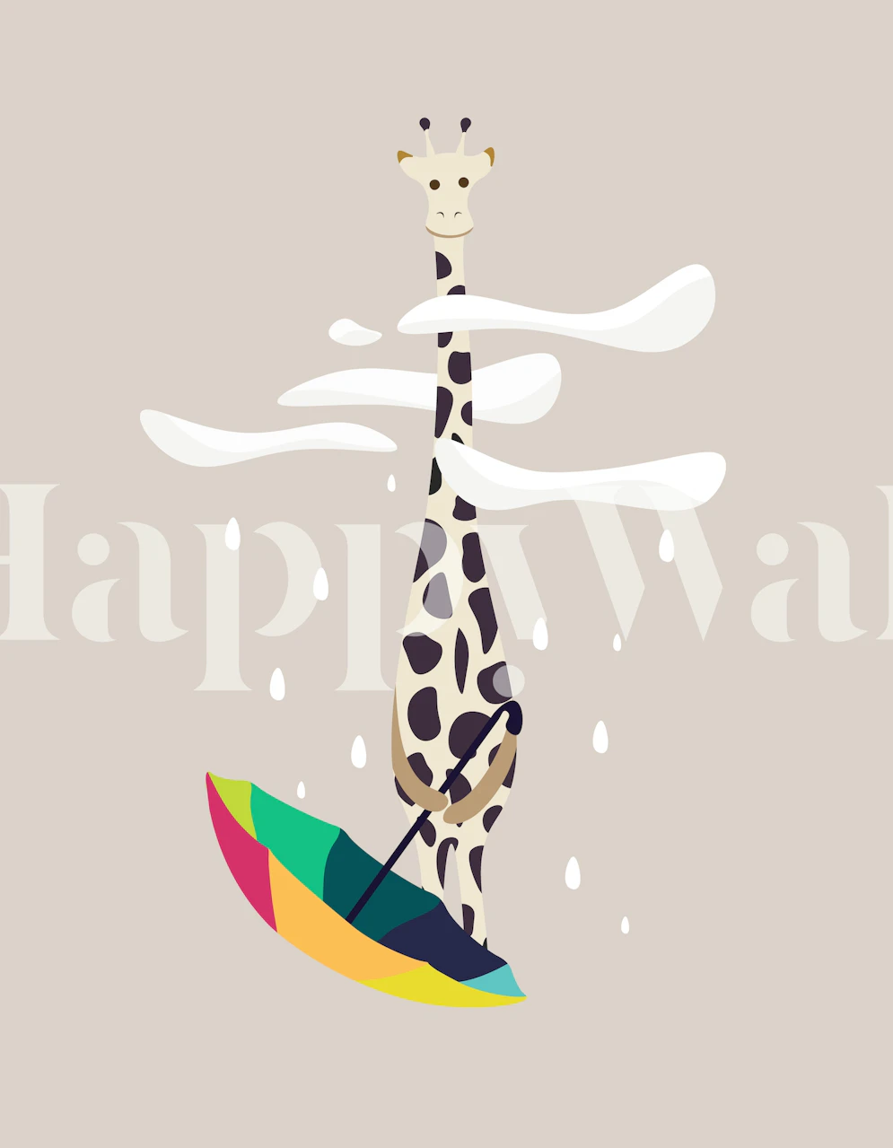 Giraffe holding a colorful umbrella with rain and clouds wallpaper