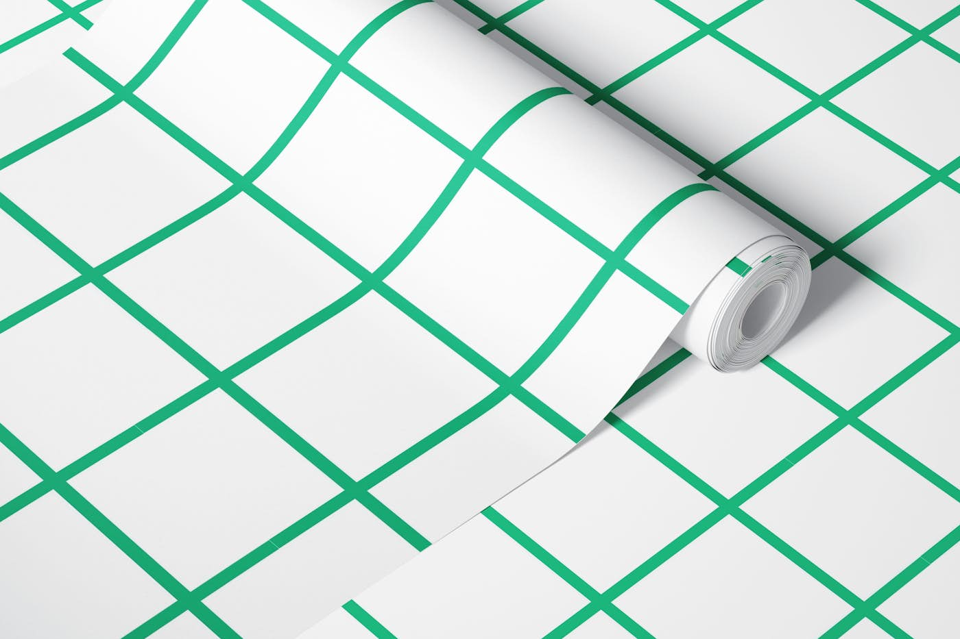 Green on white grid wallpaper roll