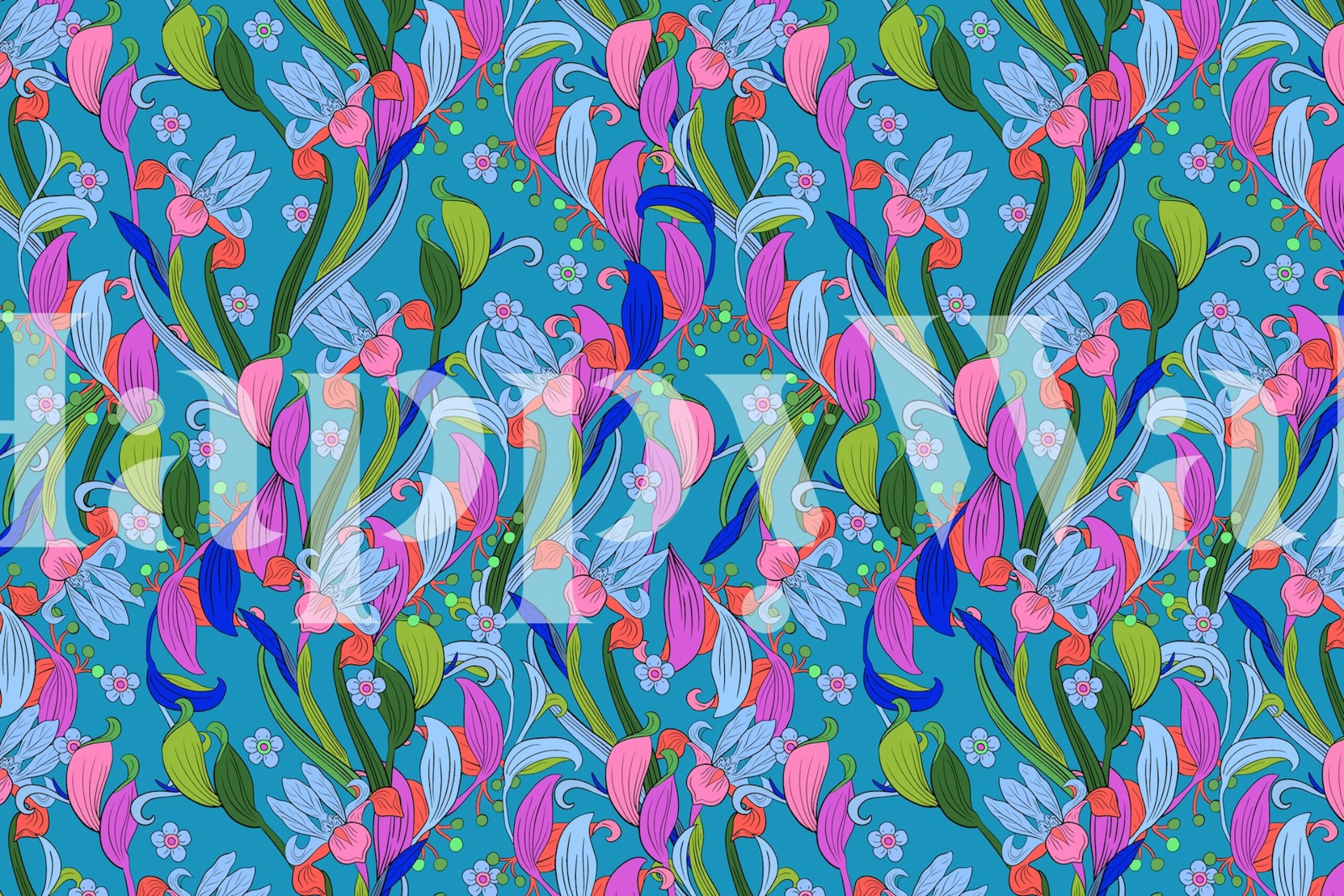 Padrão de flores Art Nouveau com formas botânicas estilizadas em cores vibrantes