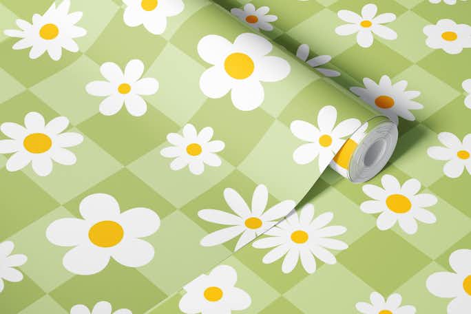Daisies on green checkerswallpaper roll