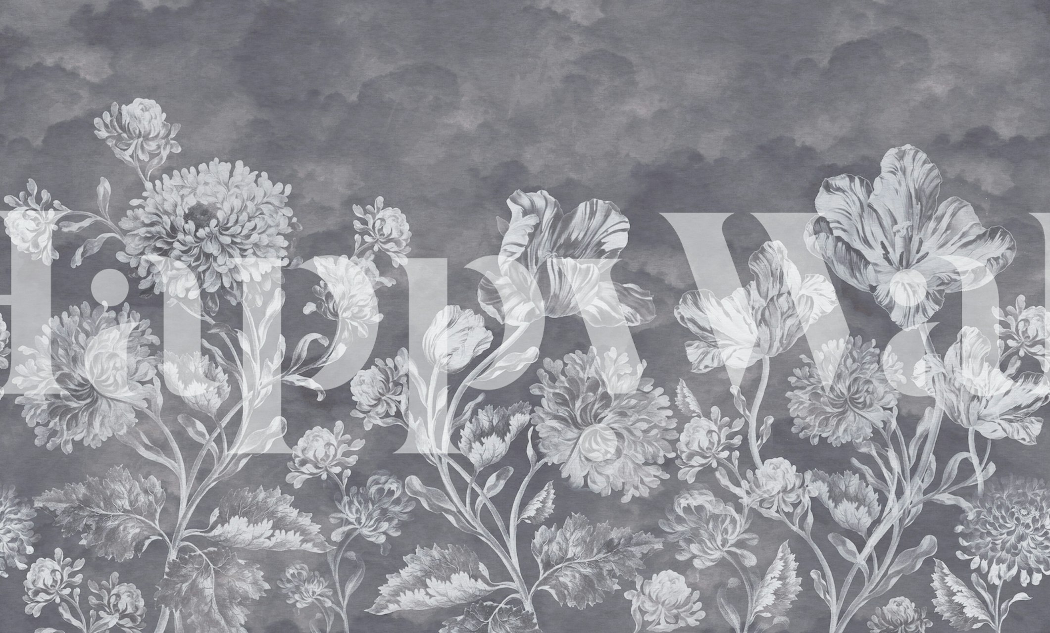 Moody dark baroque style floral wall mural with intricate flower designs in grayscale