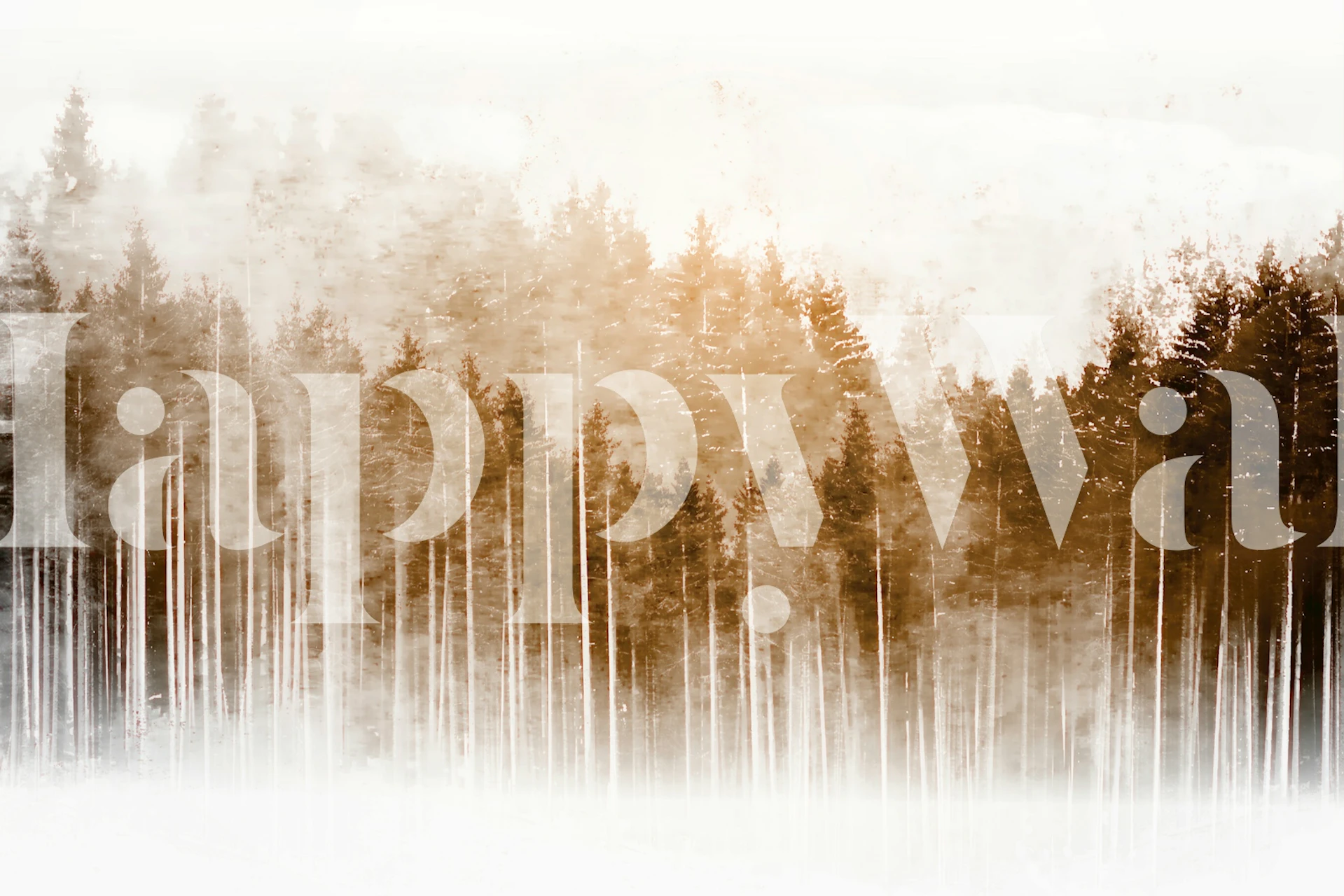 neutral-toned wall mural of misty pine forest creating a tranquil Japanese-inspired atmosphere