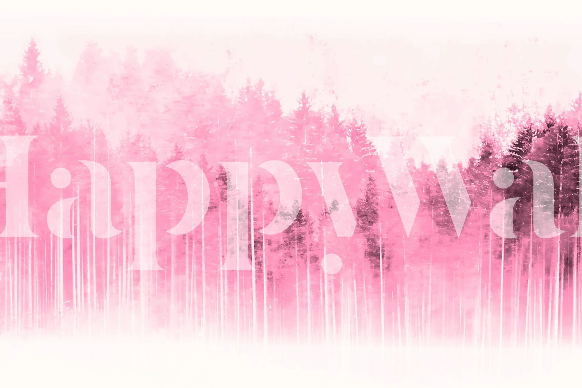 Pink forest wallpaper with misty trees in pink and dark green tones