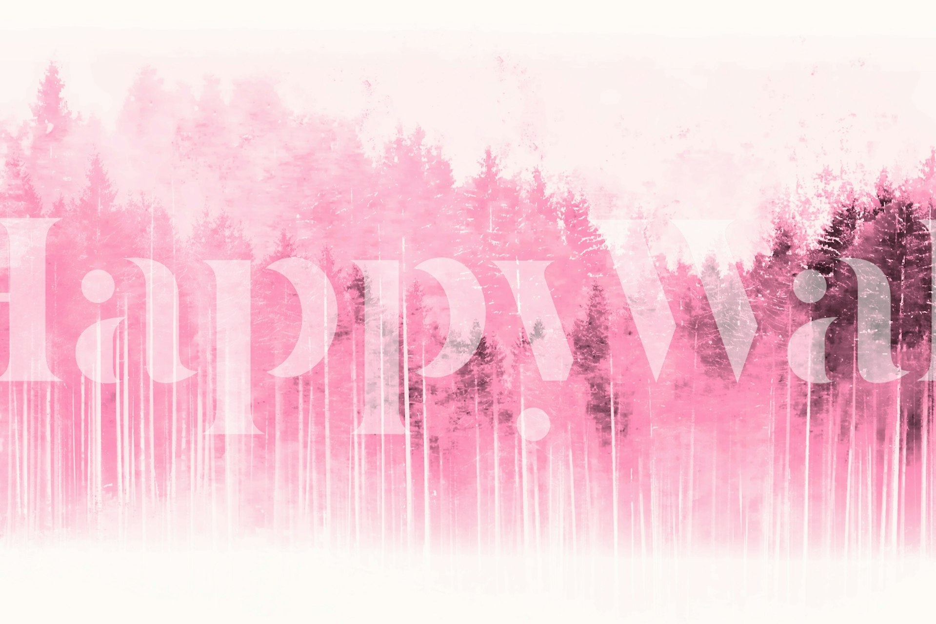 Pink forest wallpaper with misty trees in pink and dark green tones