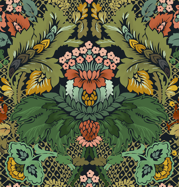 Victorian flower damask dark blue bckg