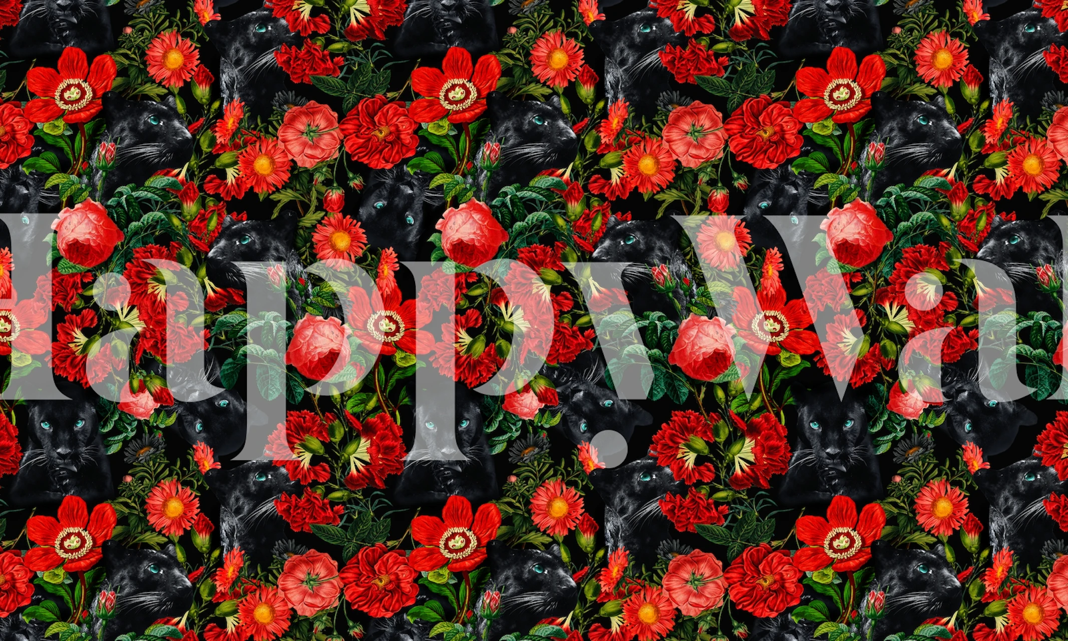 Wall mural with a panther and red floral pattern on a dark background