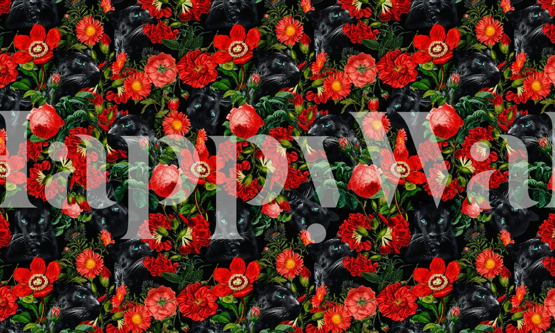 Wall mural with a panther and red floral pattern on a dark background