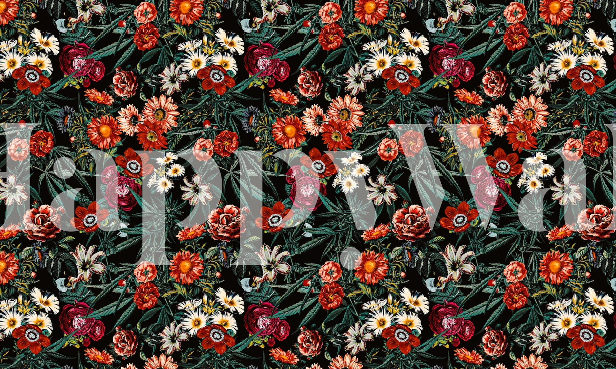Colorful floral and marijuana pattern wallpaper on black background