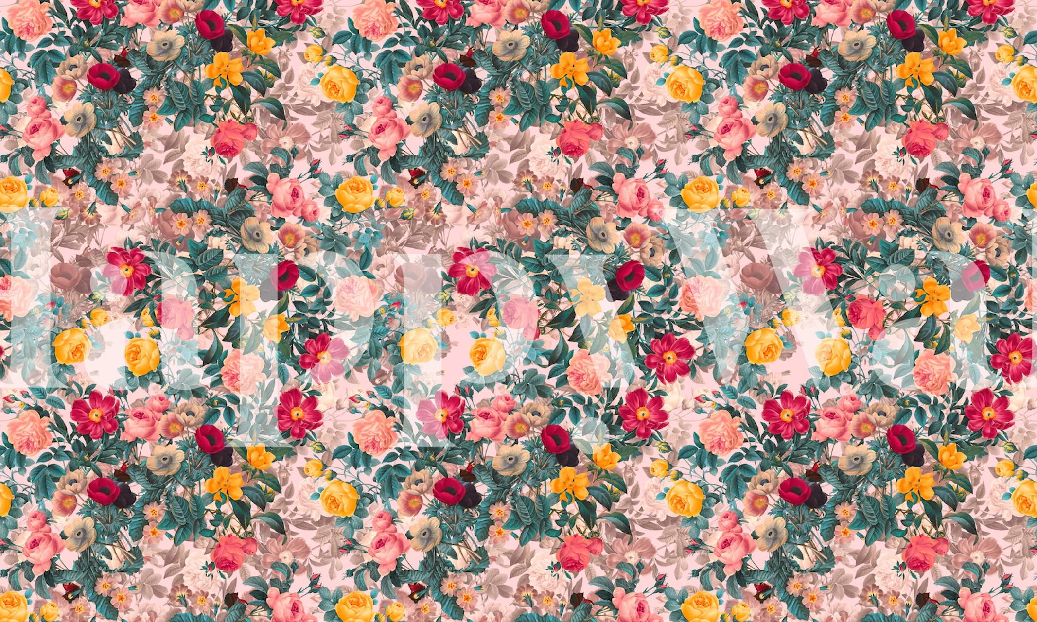 Lebendige Sommerblumen-Tapete mit rosa, gelben und grünen Blüten