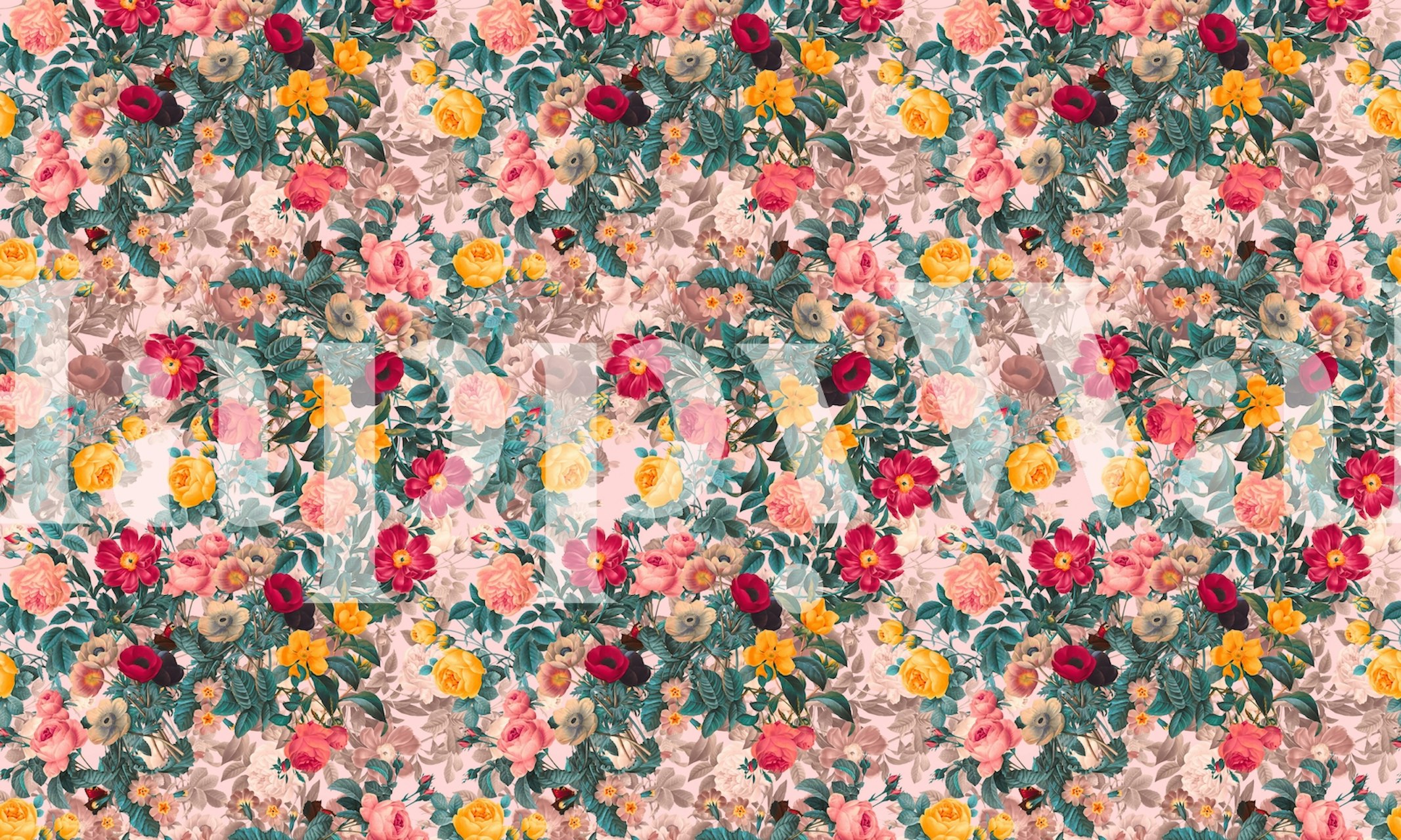 Ζωντανό τοίχο mural καλοκαιρινών λουλουδιών με ροζ, κίτρινα και πράσινα άνθη