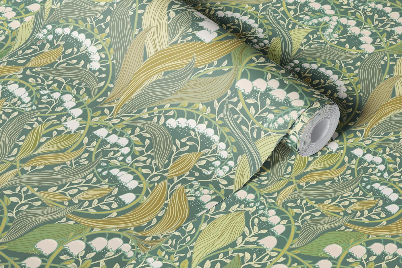 William Morris style lily of the valley sage wallpaper roll