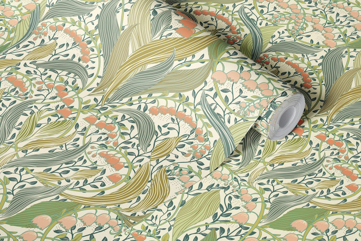 William Morris style lily of the valley light wallpaper roll