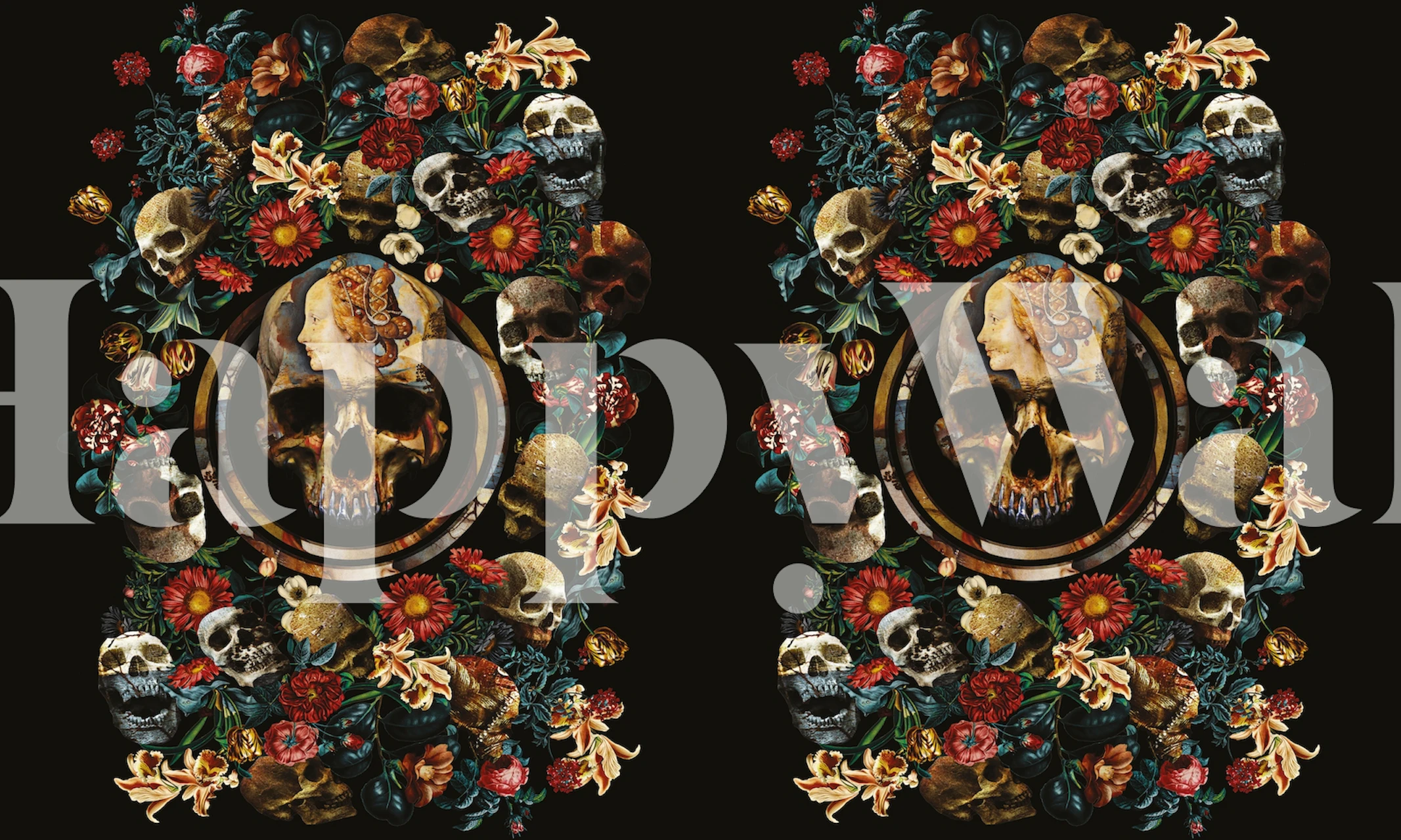 Floral skull wallpaper featuring colorful flowers and skulls on black background.
