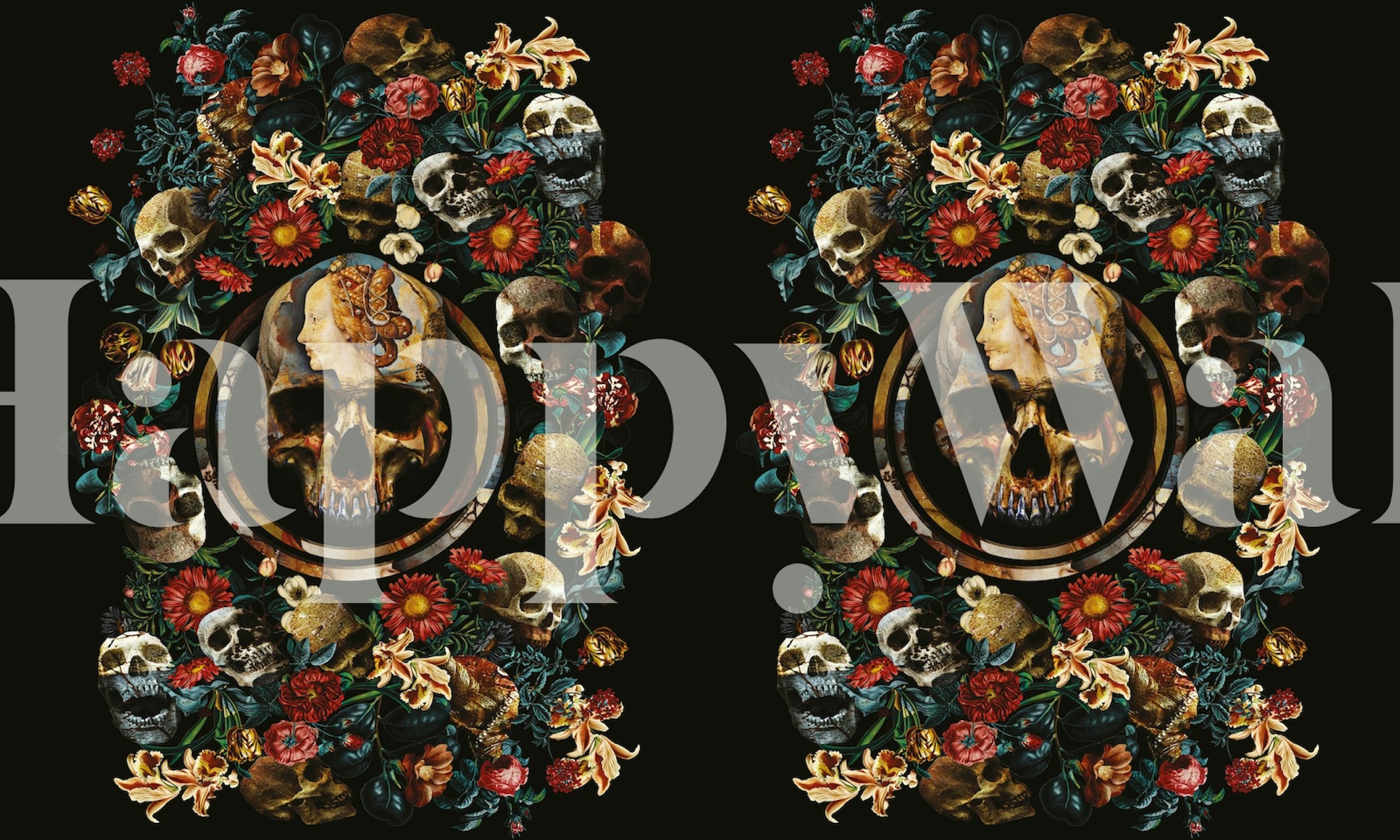Floral skull wallpaper featuring colorful flowers and skulls on black background.