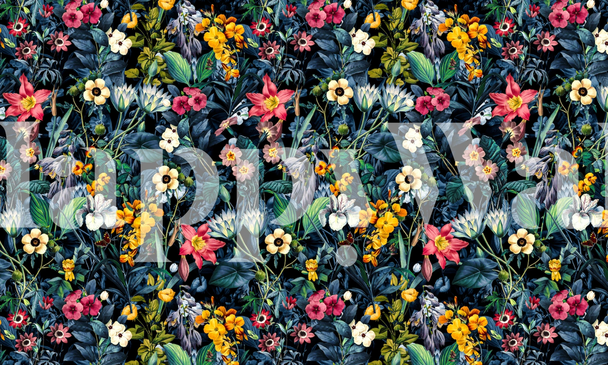 Colorful floral pattern with pink, yellow, and white flowers on dark foliage wallpaper