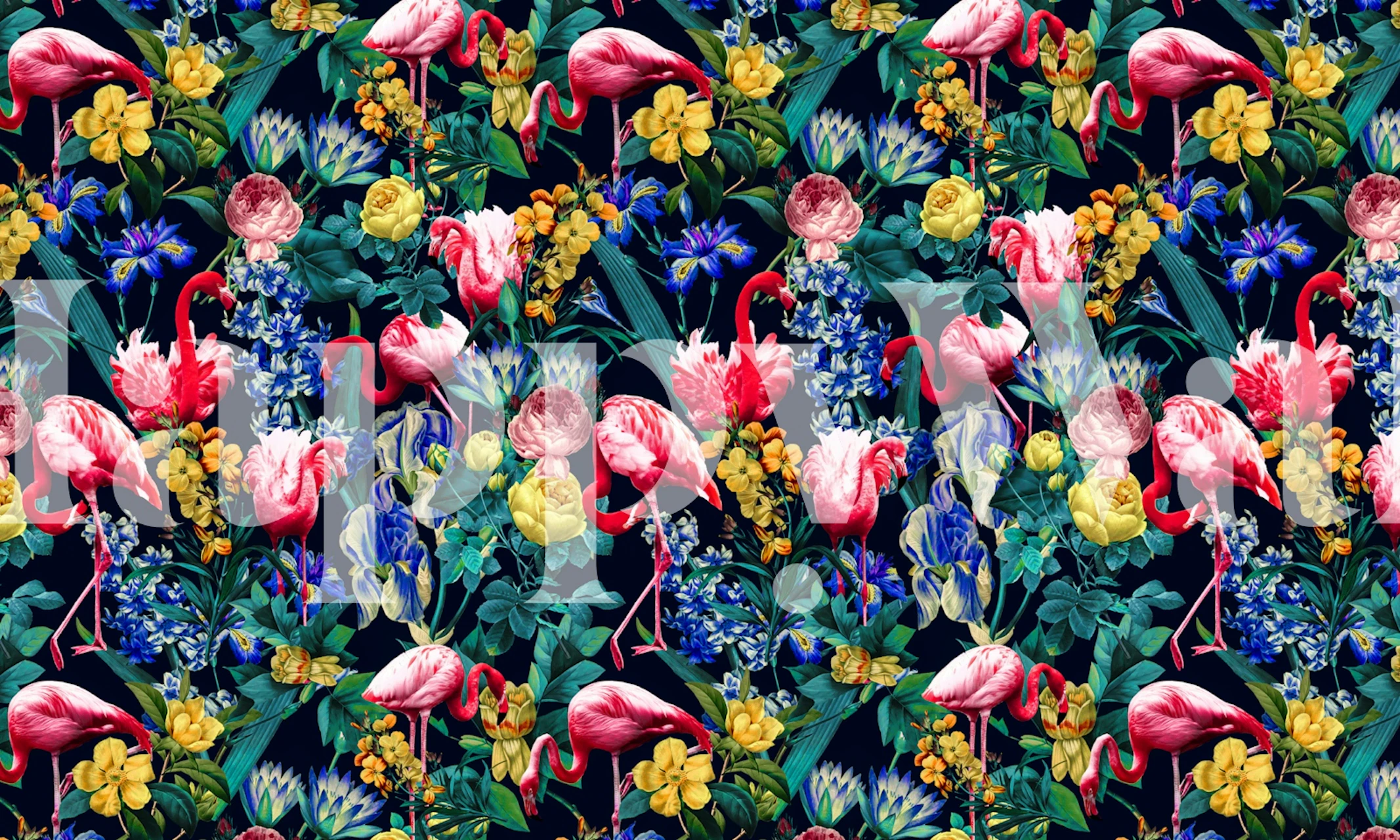 Tropical floral wallpaper with pink flamingos, colorful flowers, green leaves
