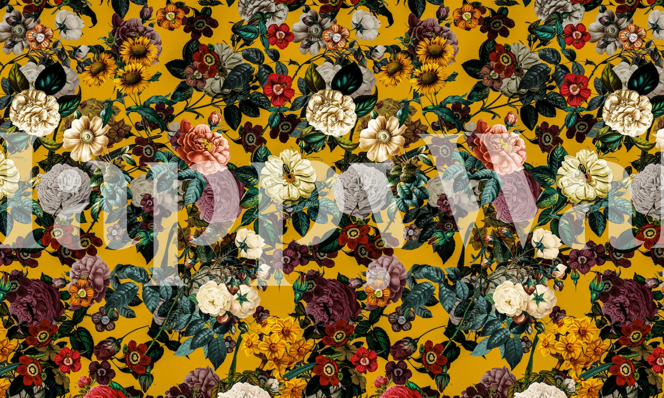 Fotomural vinílico de parede botânico Exotic Garden V com flores coloridas em um fundo amarelo dourado