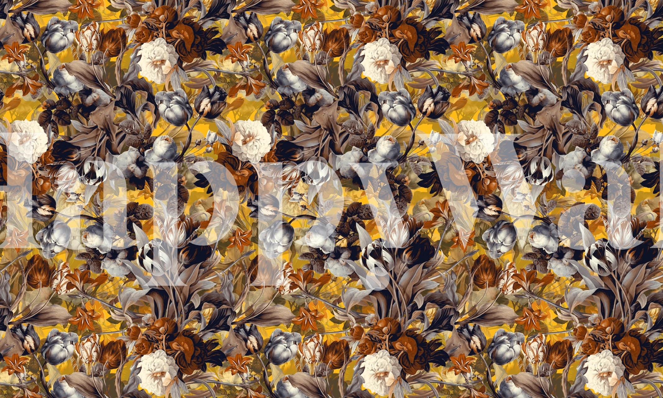 Colorful floral wallpaper with yellow background and botanical patterns