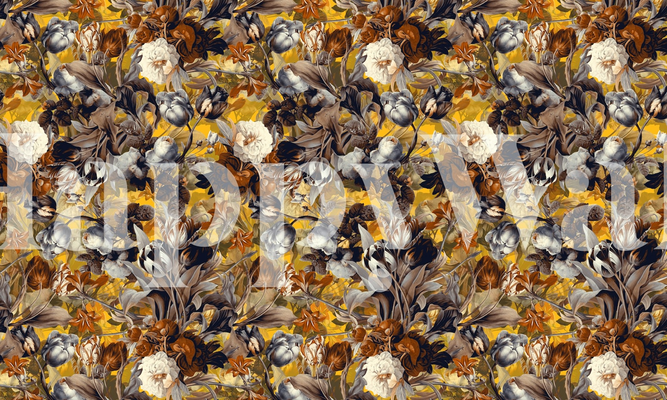 Colorful floral wallpaper with yellow background and botanical patterns