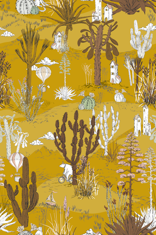 whimsical cactus landscape mustard yellow