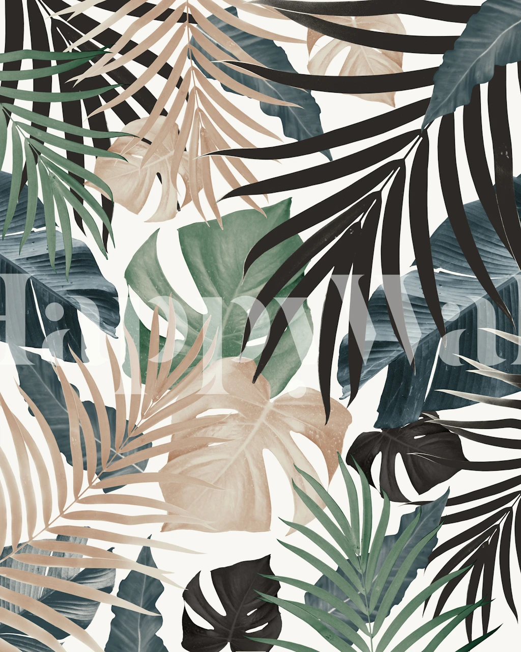 Tropical jungle leaves in green, black, and beige colors wallpaper