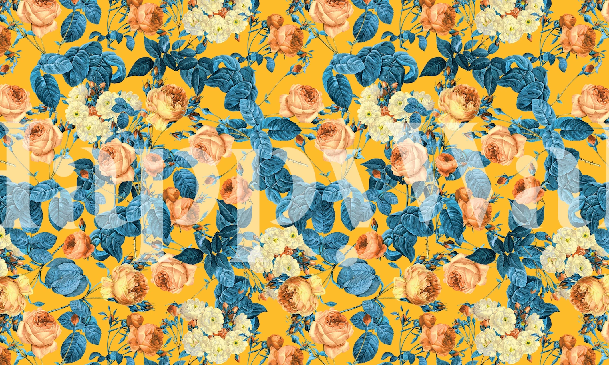 Orange roses and blue leaves on yellow background wallpaper