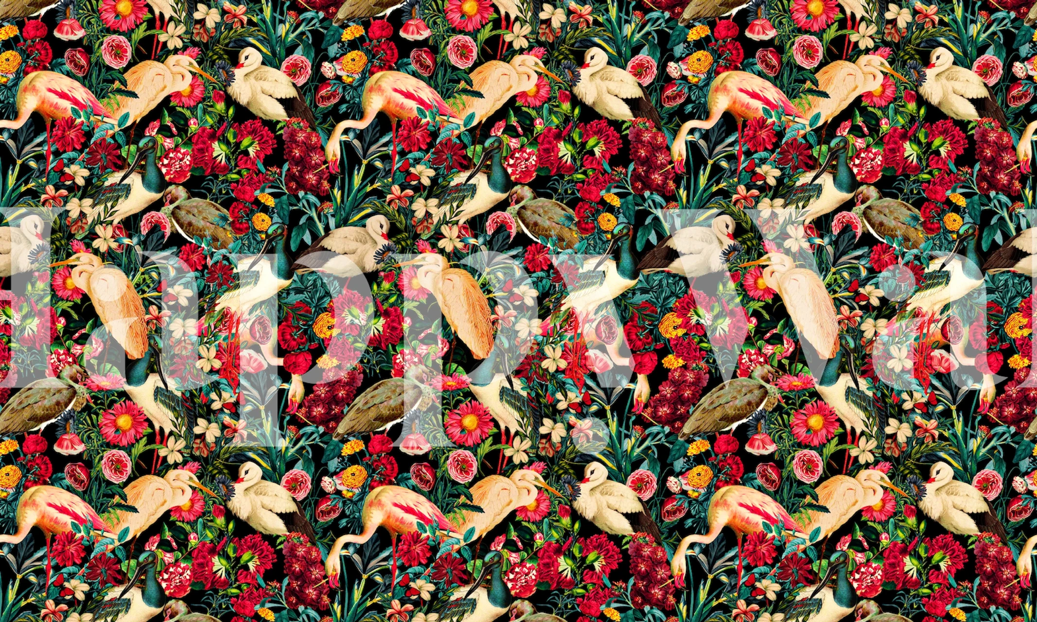 Colorful floral and bird pattern wallpaper with vivid reds and greens