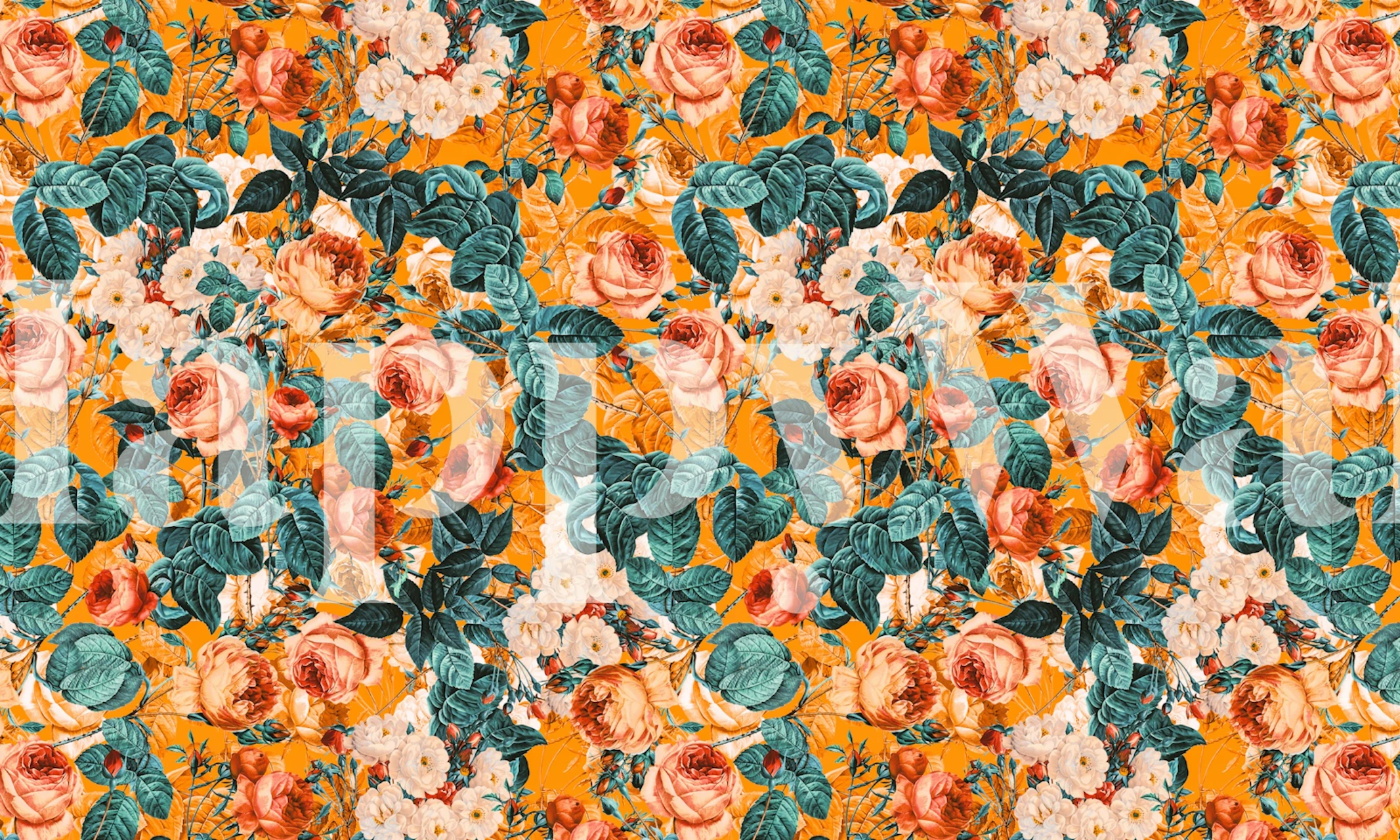 Floral wallpaper design featuring roses and leaves