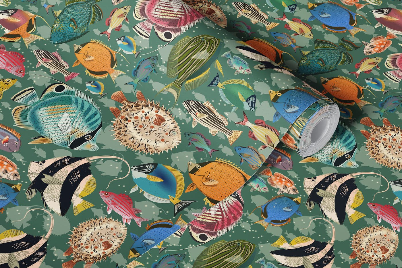 Fishes everywhere teal wallpaper roll