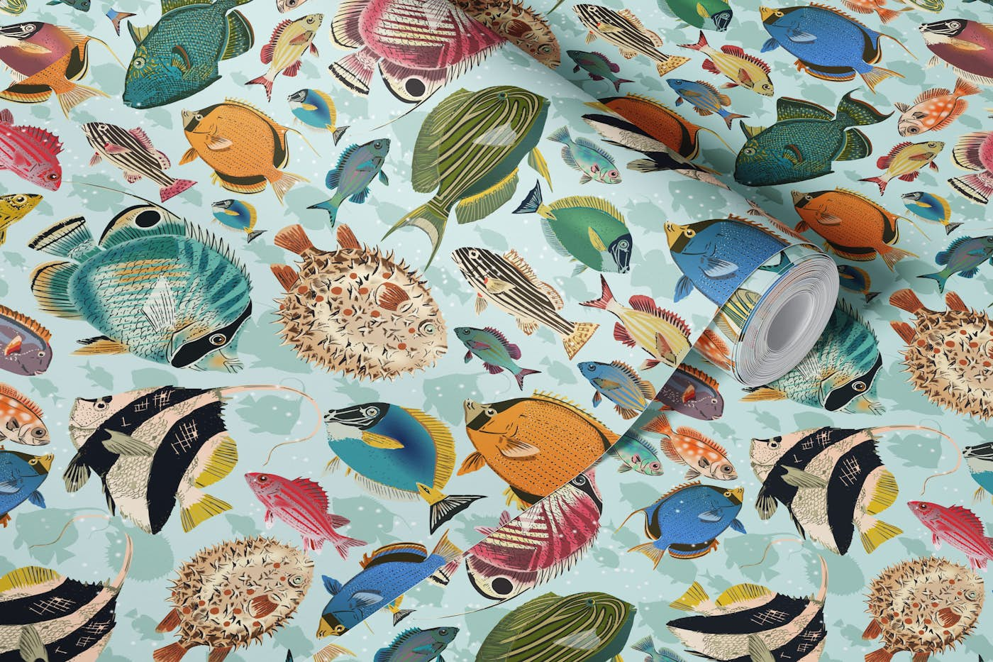 Fishes everywhere mint wallpaper roll