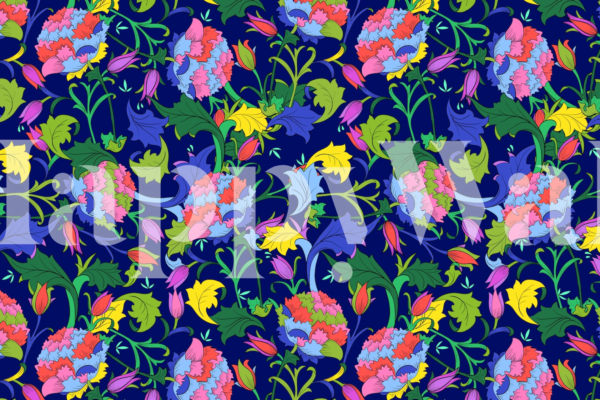 Colorful floral pattern with blue, pink, and yellow flowers on a navy background wallpaper