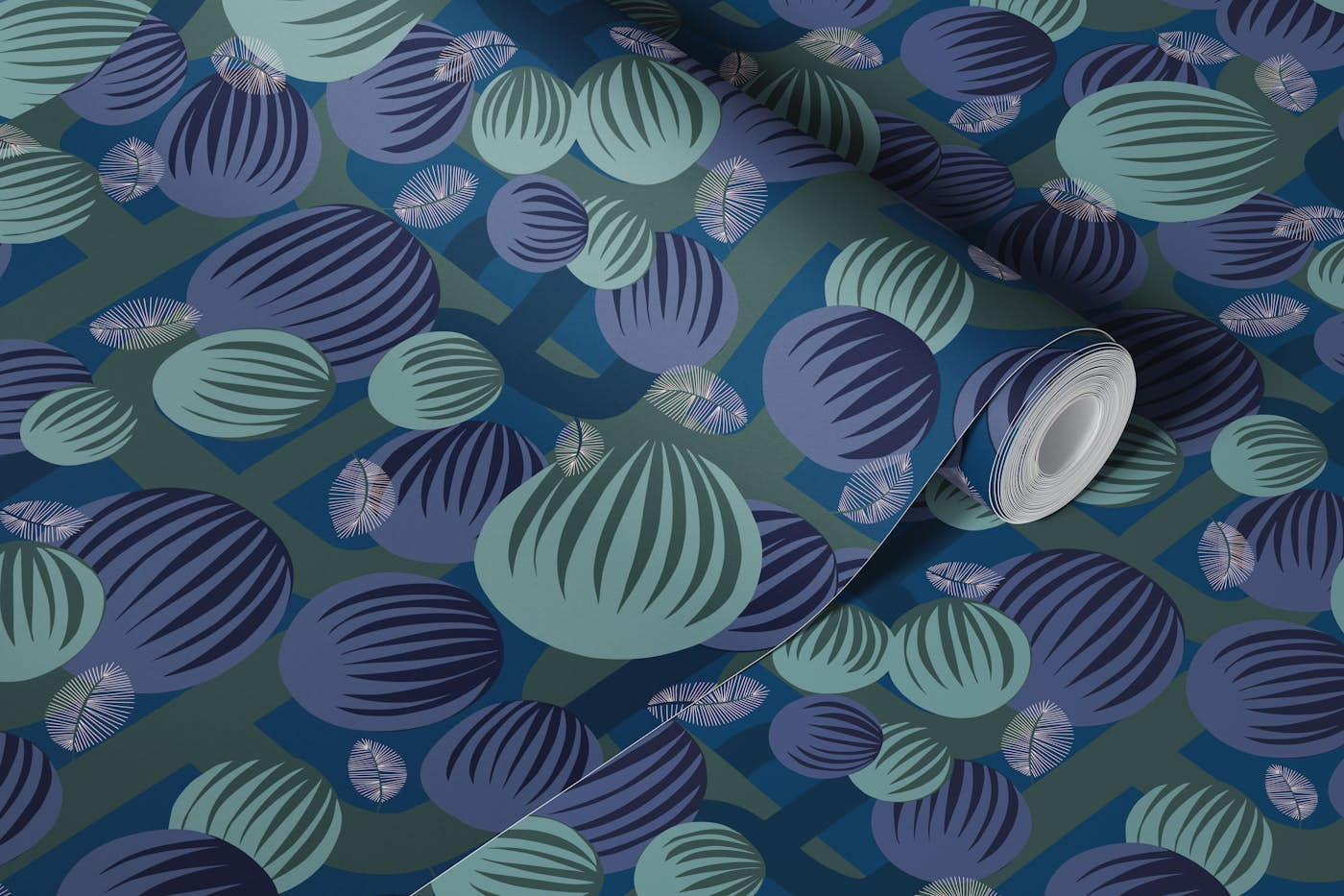 Bold 60s retro bubble flowers dark blue wallpaper roll