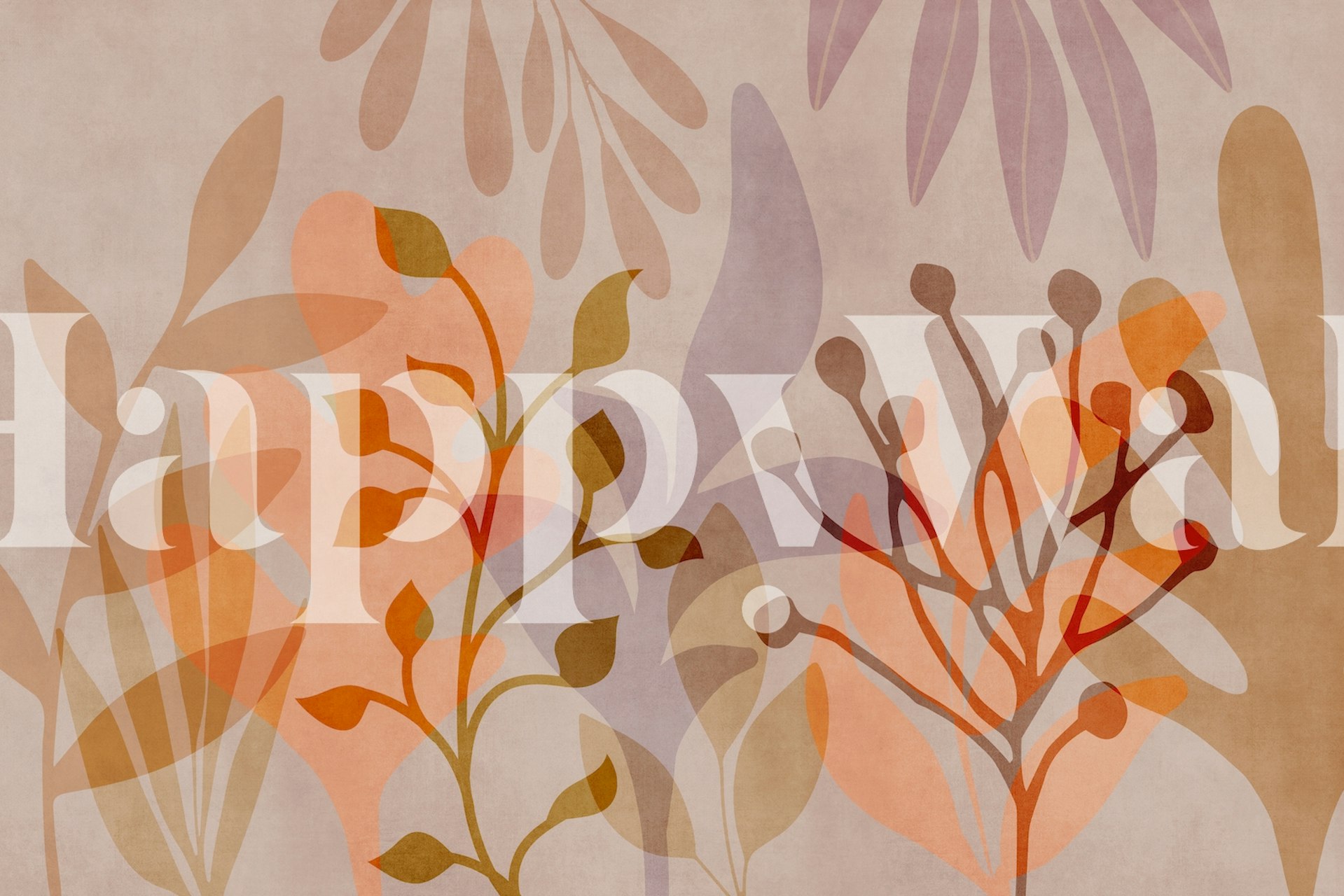 Tropical leaf wallpaper in warm orange, pink, and purple hues, botanical style wall mural