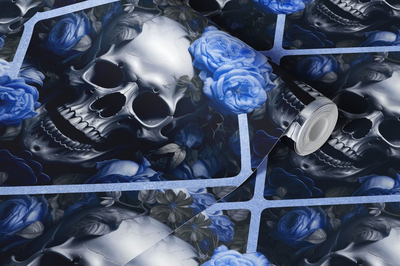 Skulls And Roses Gothic Romance Elegance Blue wallpaper roll