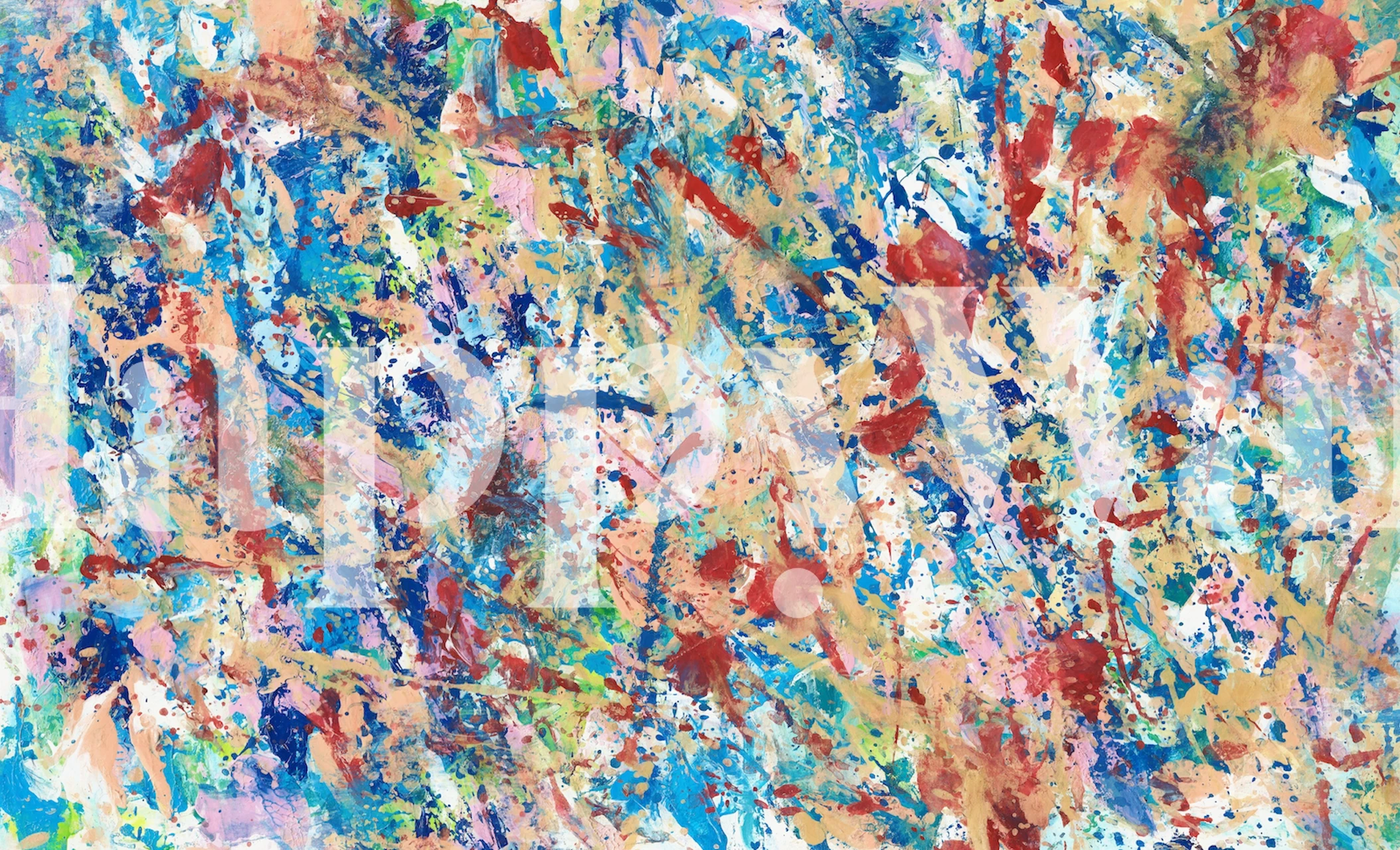 Abstract colorful wall mural reminiscent of Jackson Pollock's style