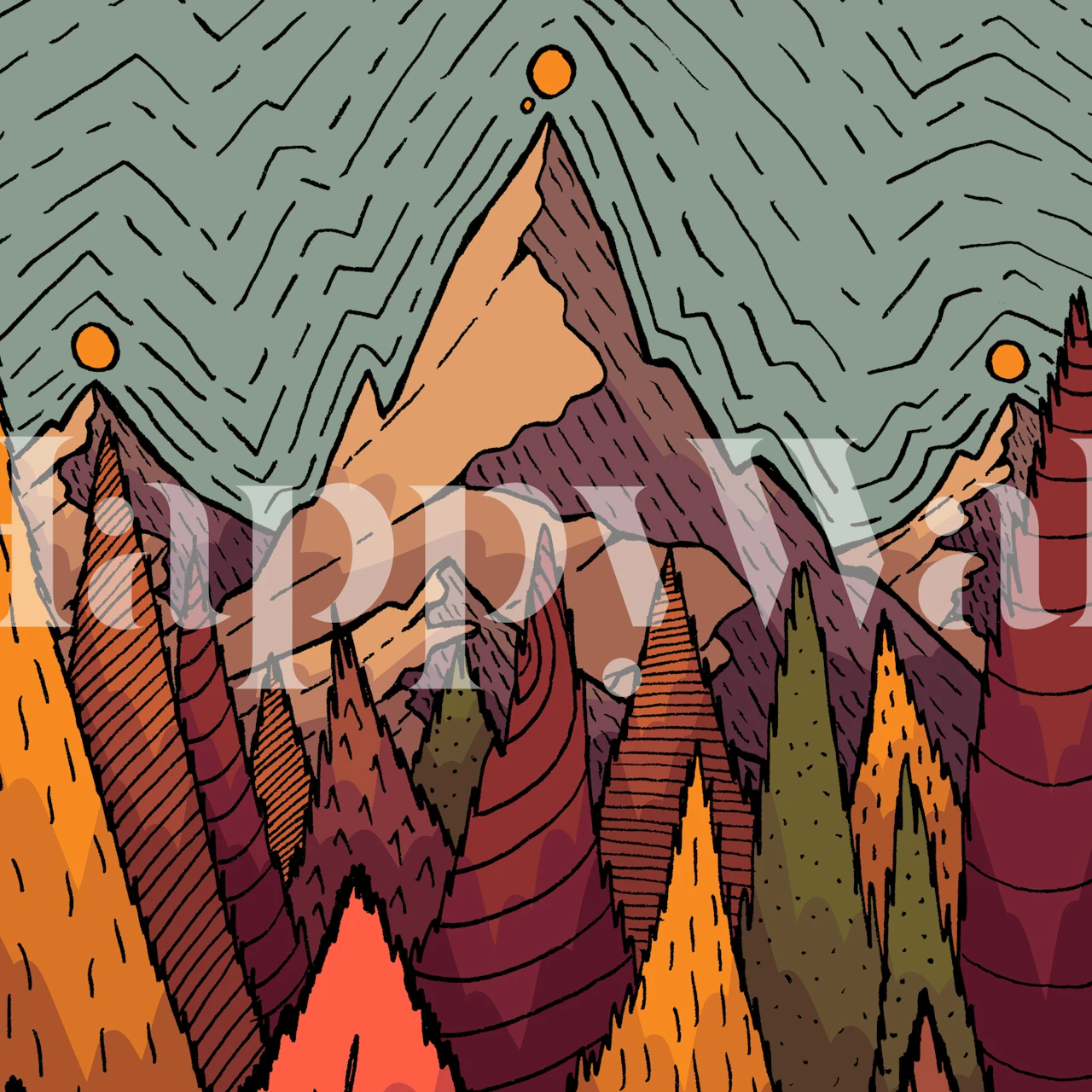 Berglandschap met gekleurde bomen en zonnen, modern design wallpaper
