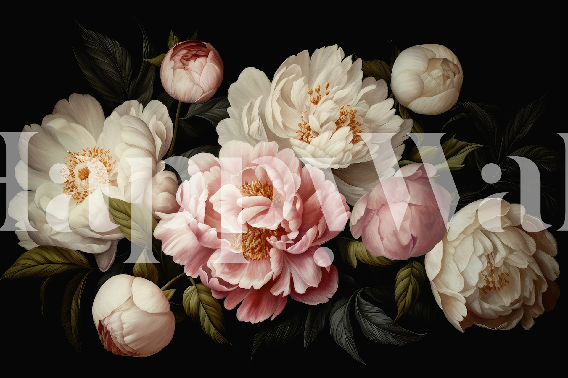 Rijke en luxueuze nachtelijke bloemenscène met bloeiende pioenen in diepe tinten, perfect voor een gedurfde muur schilderaccent