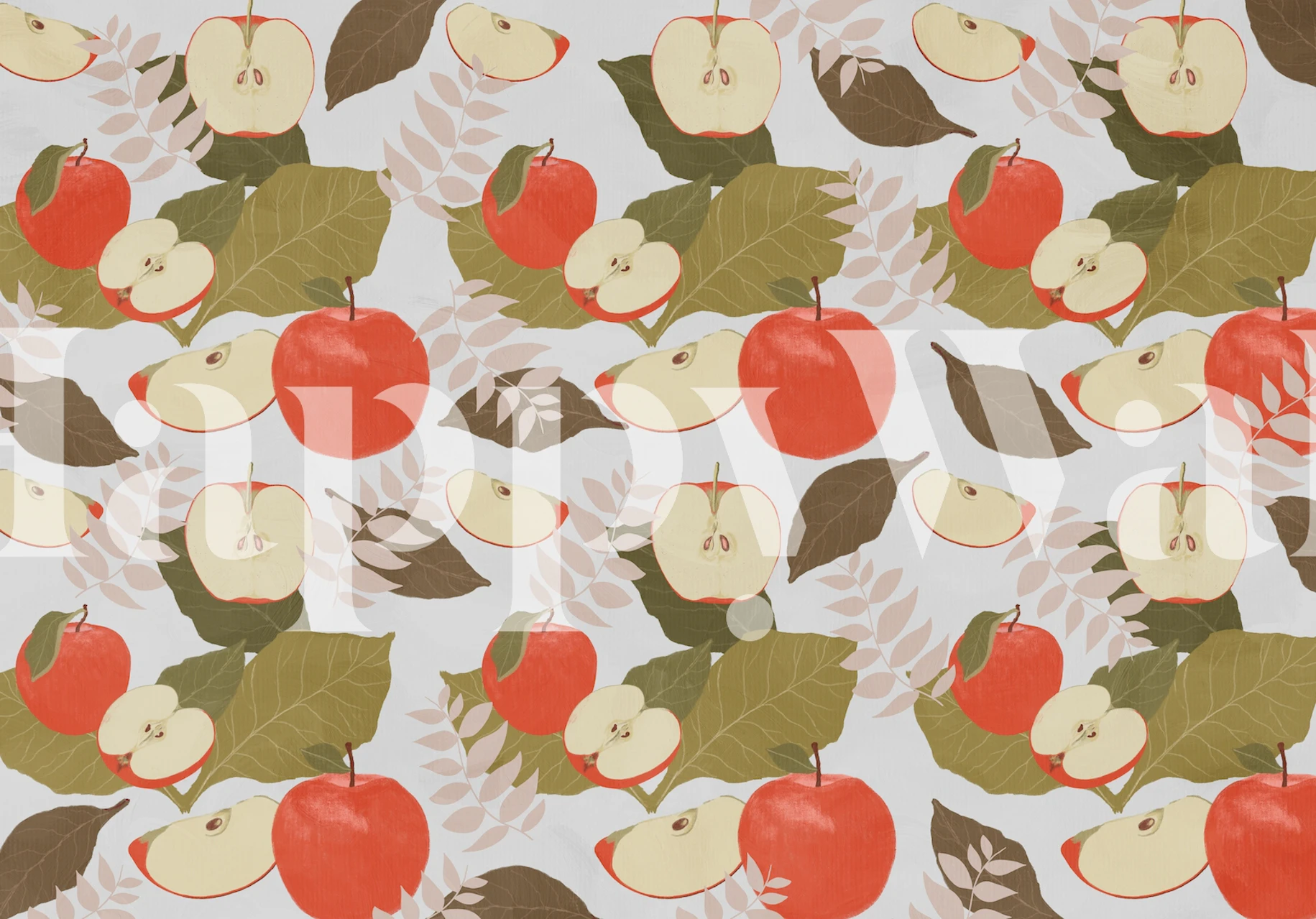 Red apples with green leaves and cut apple slices wallpaper