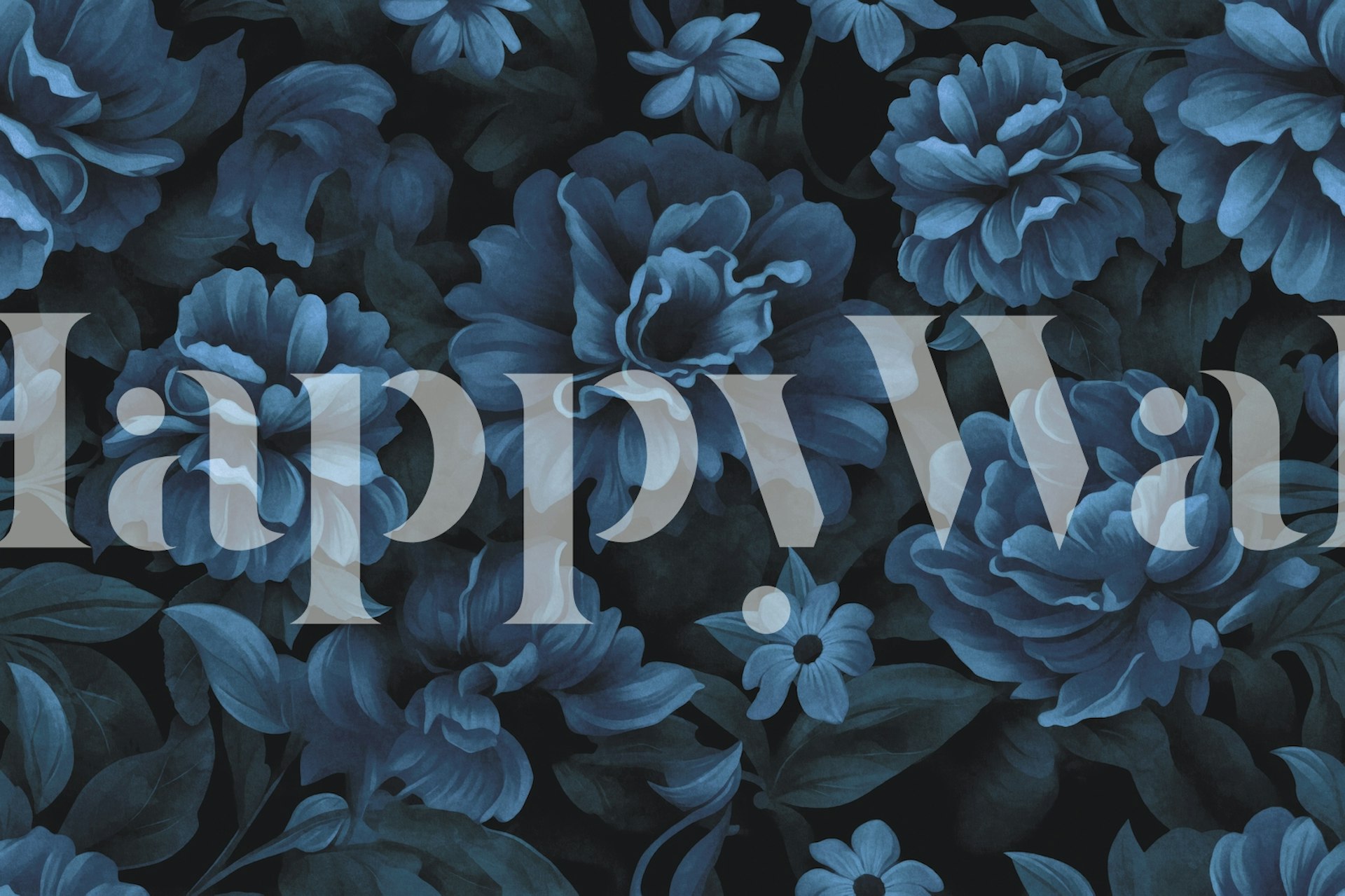 Dark blue floral pattern on black background wallpaper