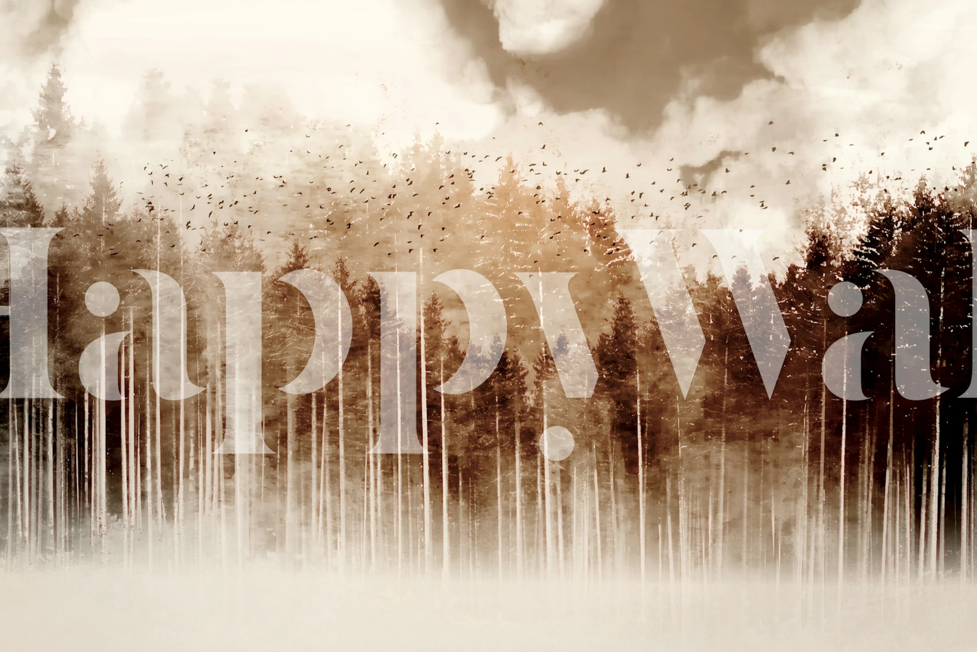 Sepia-toned mysterious forest wall mural with dense trees and mist