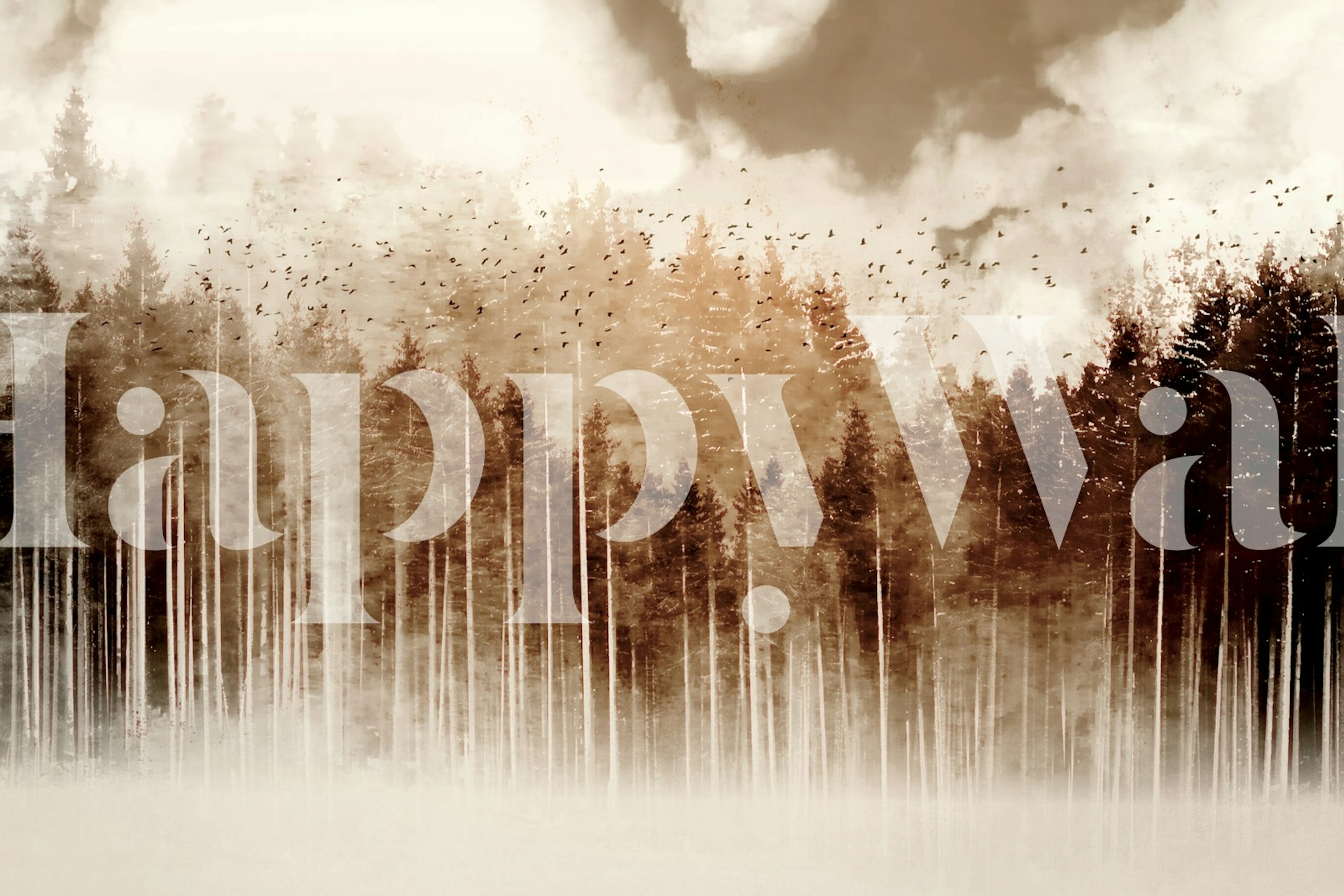 Sepia-toned mysterious forest wall mural with dense trees and mist